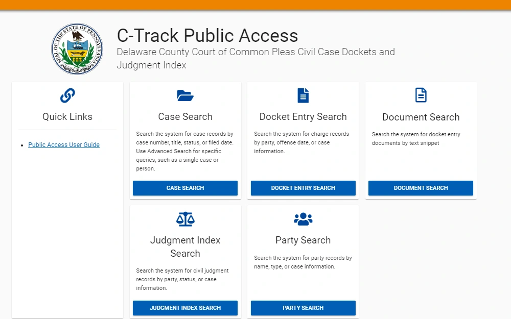 A screenshot of the C-Track Public Access portal showing the Civil Case Dockets and Judgement Index made available by the Delaware County Court of Common Pleas: Case Search, Docket Entry Search, Document Search, Judgement Index Search, and the Party Search tools.