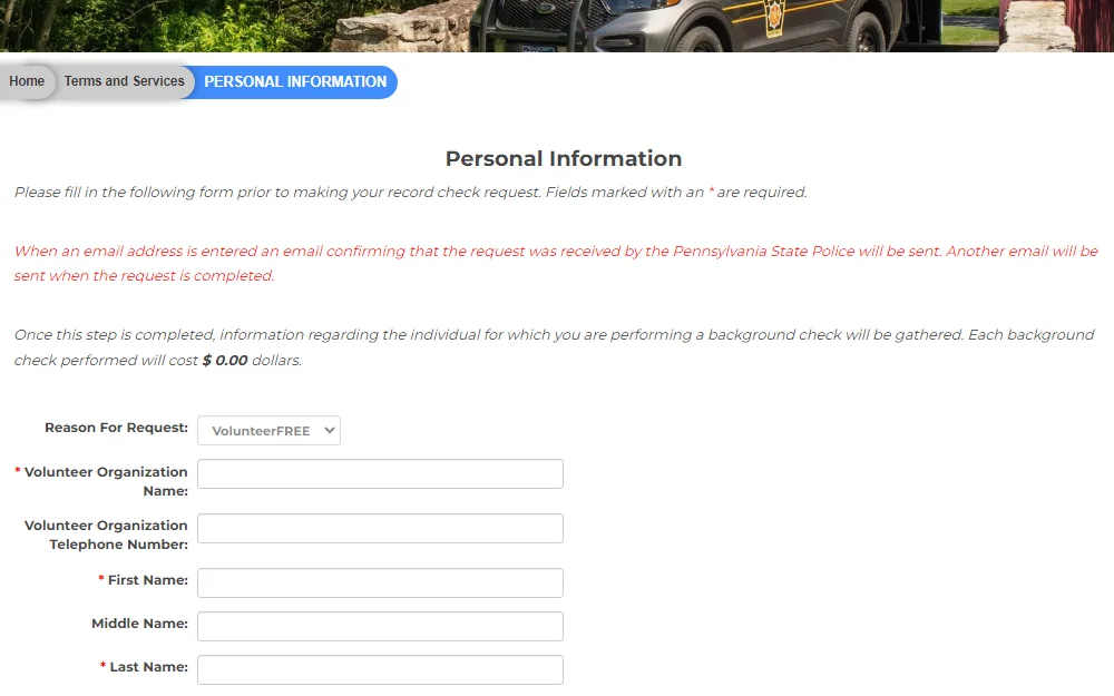 A screenshot of the Pennsylvania Access to Criminal History (PATCH) online platform provided by the Pennsylvania State Police on the personal information page where the requesters must provide their name and other details.