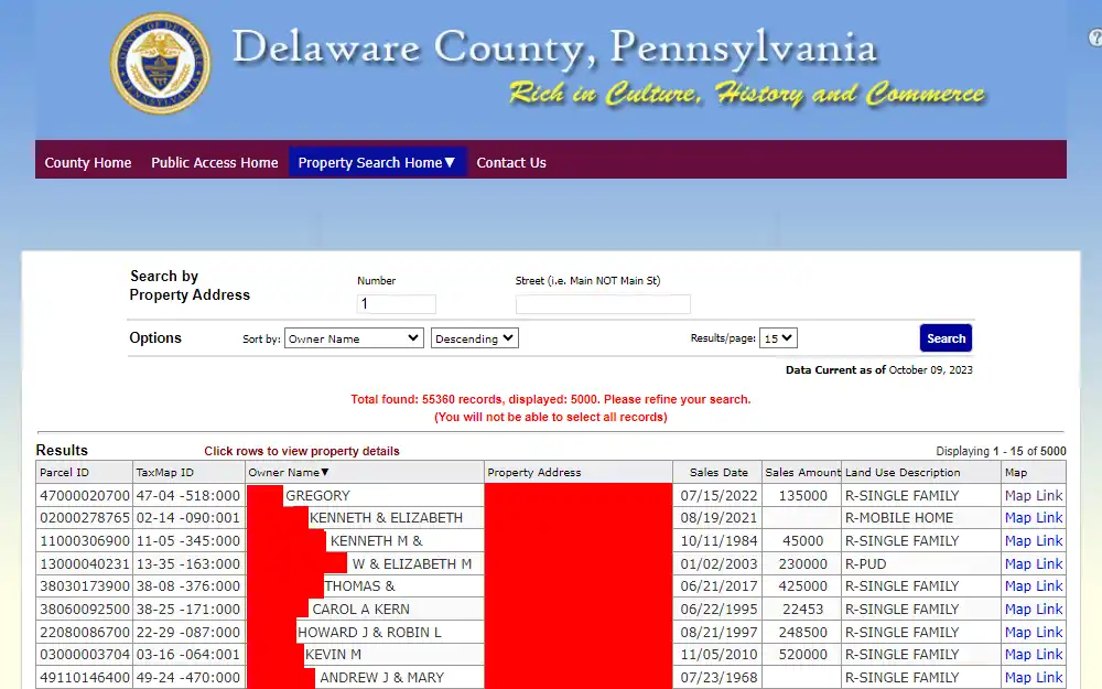 A screenshot of the Delaware County Pennsylvania Public Access System showing the sample search results from the Property Address search done displaying the property's parcel ID, TaxMap ID, owner name, property address, sales date, sales amount, land use description, and map link.